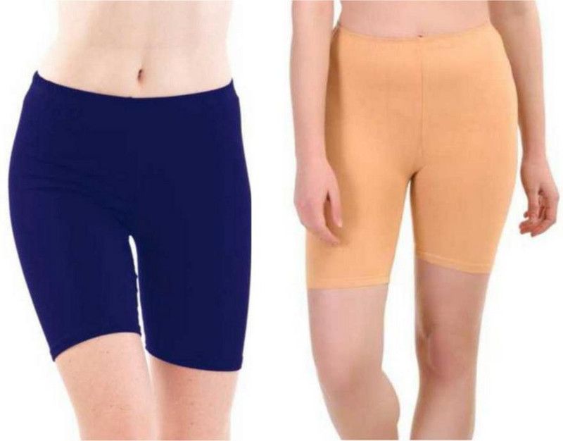 Pack of 2 Striped Women Blue, Beige Cycling Shorts