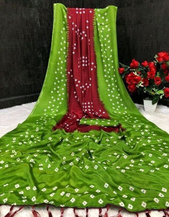 Printed Bandhani Chiffon Saree  (Green)