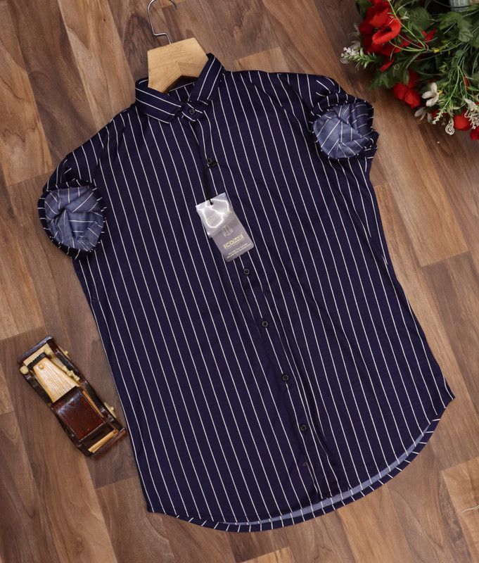 Men Regular Fit Striped Ribbed Collar Casual Shirt