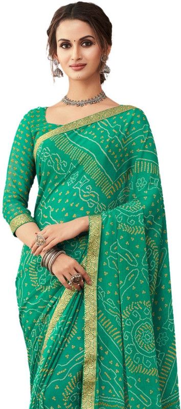 Geometric Print Bandhani Chiffon Saree  (Green)