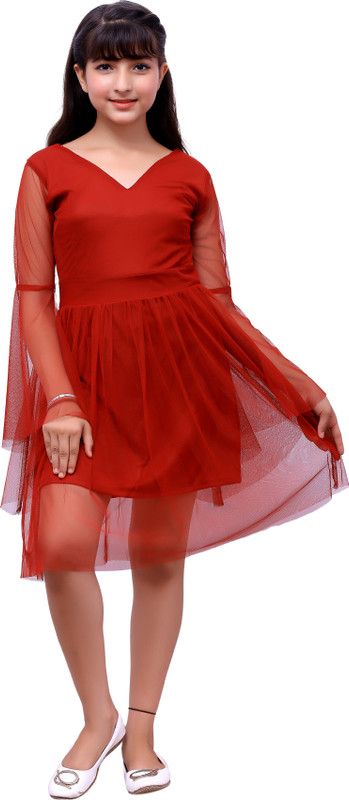 Girls Midi/Knee Length Casual Dress  (Red, 3/4 Sleeve)