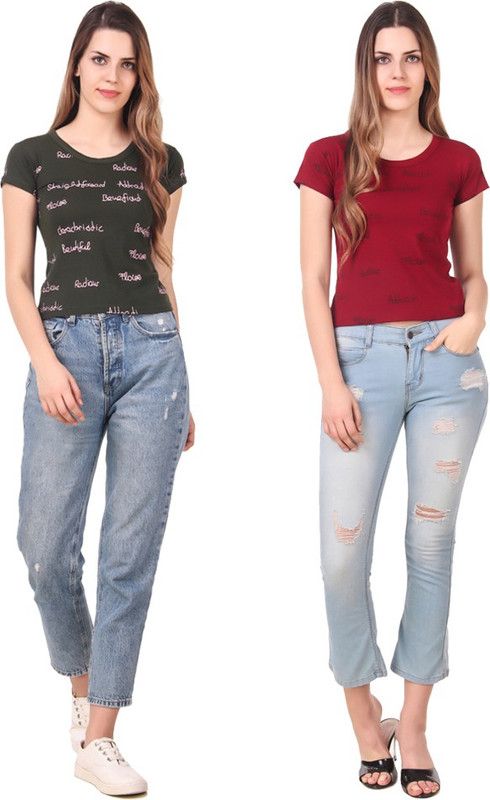 Pack of 2 Women Printed Round Neck Cotton Blend Green, Maroon T-Shirt