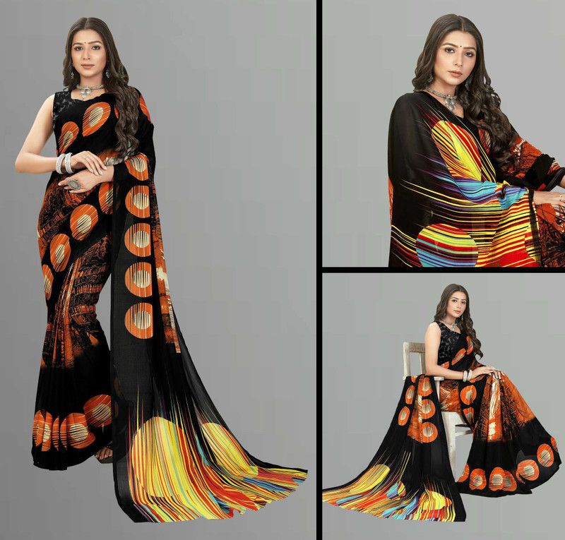 Geometric Print Daily Wear Georgette Saree  (Black, Orange)
