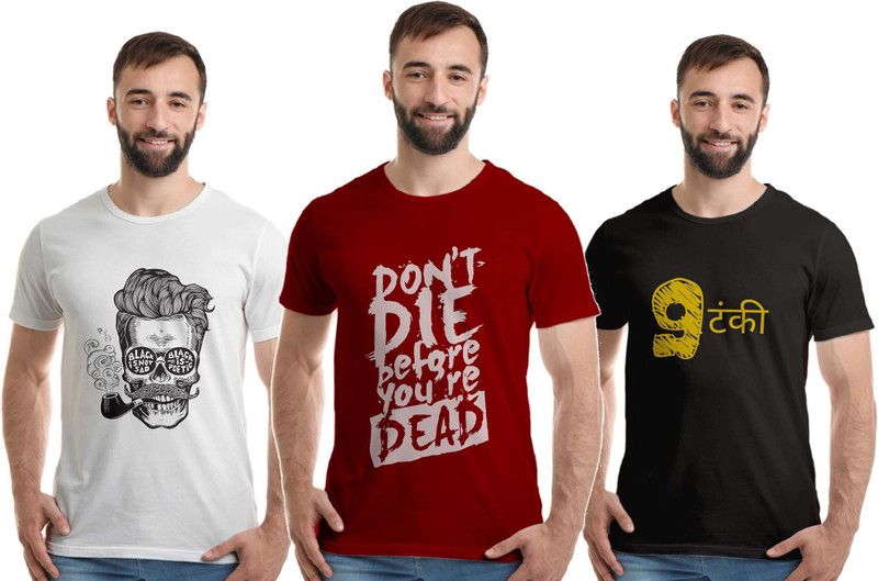 Pack of 3 Men Printed Round Neck Pure Cotton White, Maroon, Black T-Shirt