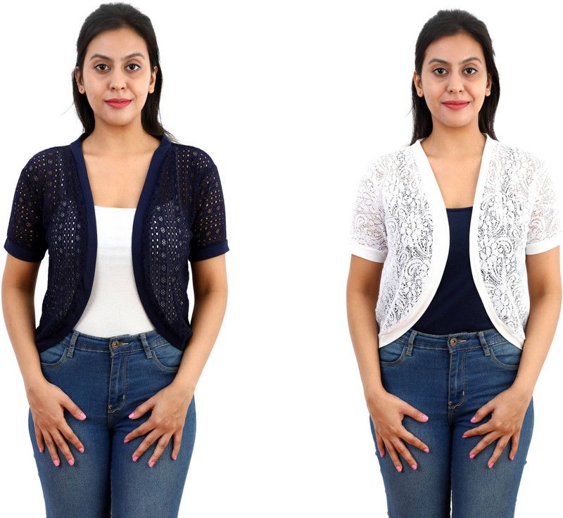 Women Half Sleeve Dark Blue, White Shrug