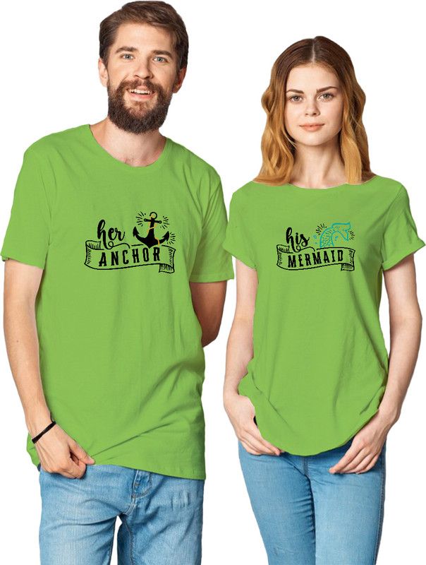 Pack of 2 Couple Graphic Print Crew Neck Cotton Blend Green T-Shirt