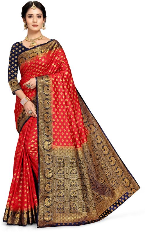 Printed Banarasi Jacquard Saree  (Dark Blue, Red)