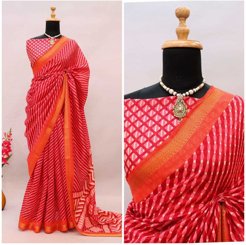Printed, Striped Patola Cotton Silk Saree  (Pink)