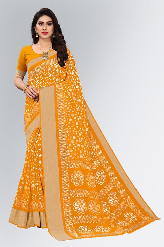 Floral Print Bollywood Cotton Linen Saree  (Yellow)
