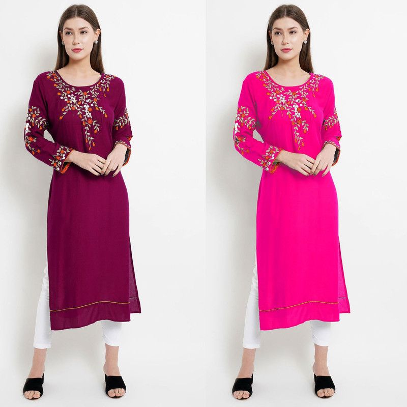 Pack of 2 Women Embroidered Cotton Rayon Straight Kurta  (Maroon)