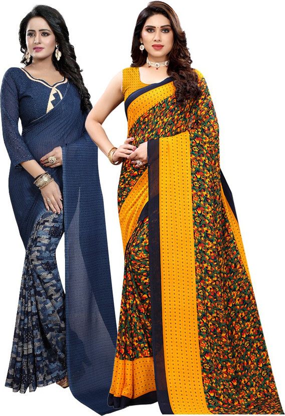 Printed Daily Wear Georgette Saree  (Pack of 2, Dark Blue, Yellow)