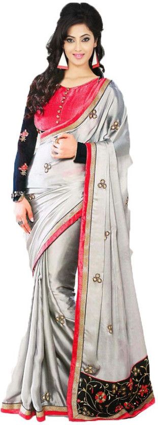 Embroidered Bollywood Handloom Crepe Saree  (Red, Grey)