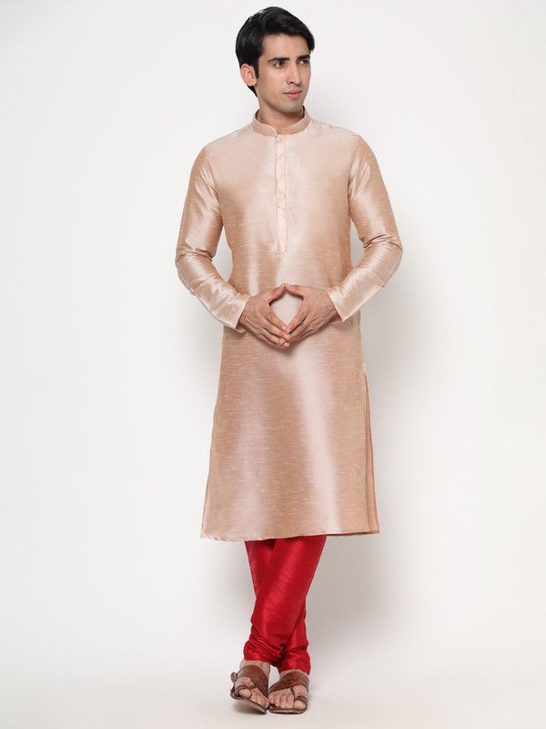 Men Solid Khadi Silk Pathani Kurta  (Gold)