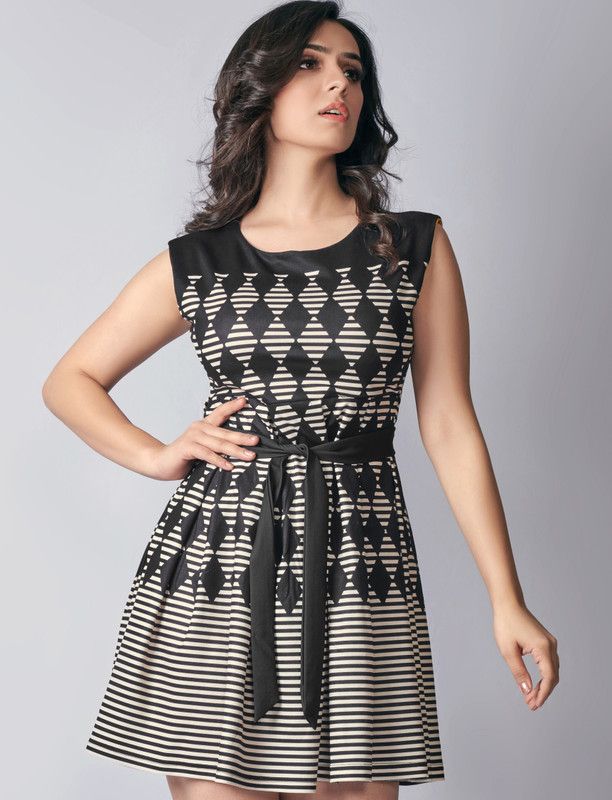 Women Pleated Black, Beige Dress
