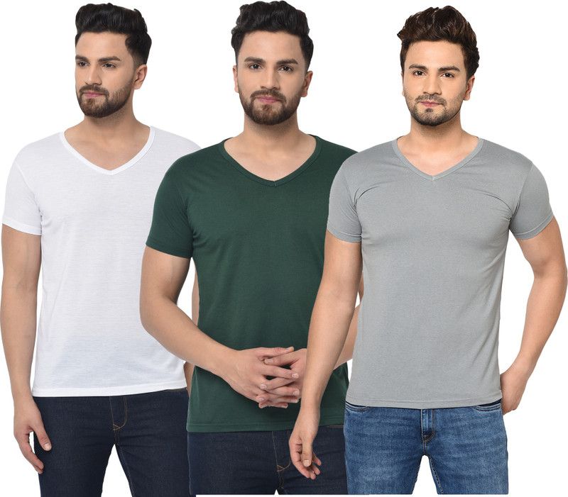 Pack of 3 V neck Combo T-shirts Multicolor Men Solid V Neck Cotton Blend Dark Green, White, Grey T-Shirt