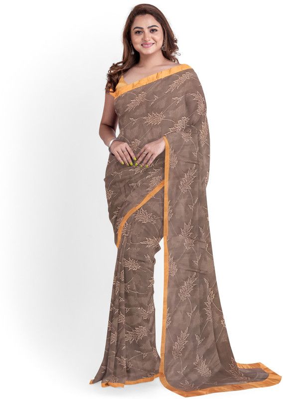 Floral Print Fashion Lycra Blend Saree  (Brown)