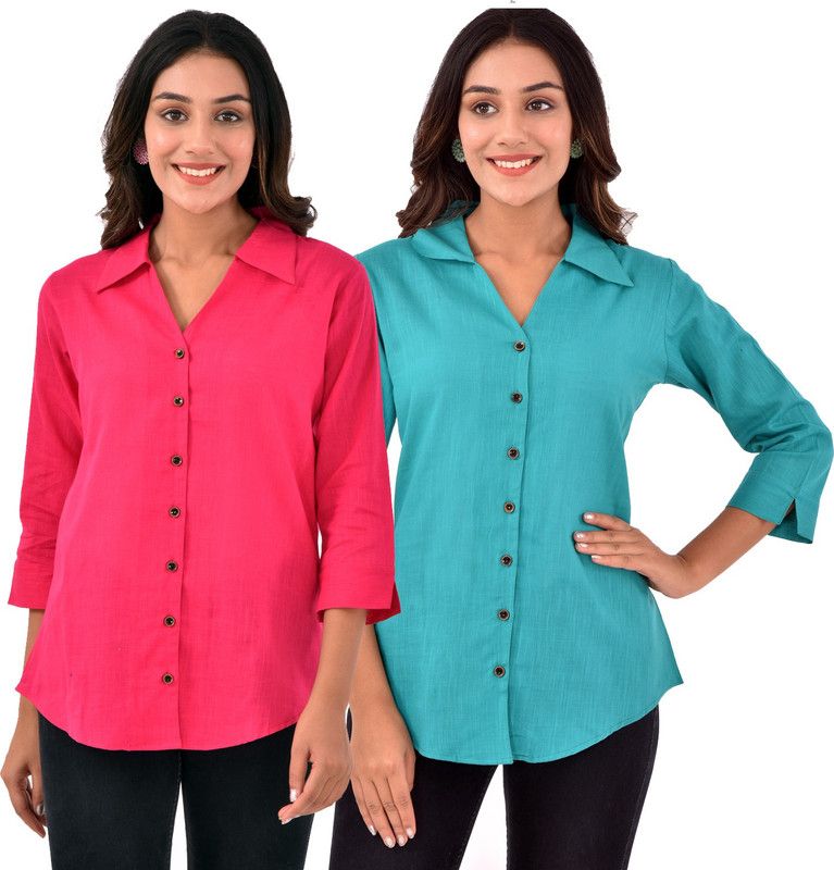 Women Solid Casual Pink, Light Green Shirt  (Pack of 2)