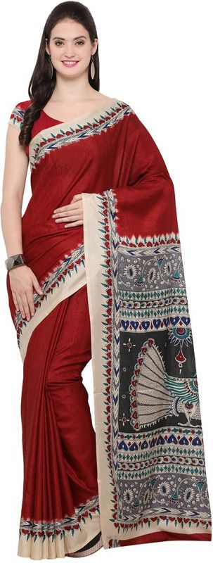 Printed Kalamkari Tussar Silk Saree  (Multicolor)