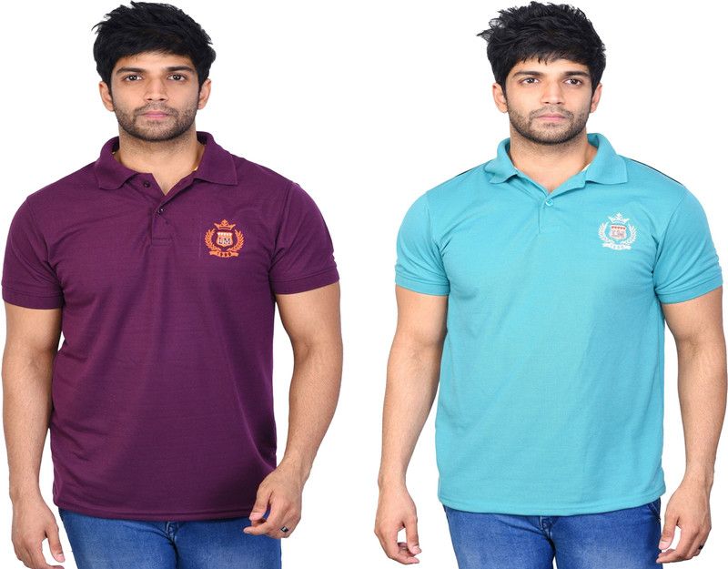 Pack of 2 Men Solid Polo Neck Cotton Blend Purple, Light Blue T-Shirt