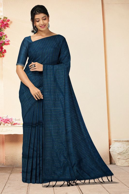 Striped Handloom Cotton Silk Saree  (Blue)