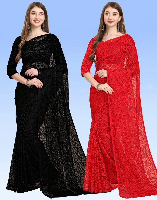 Embellished Bollywood Net, Brasso Saree  (Pack of 2, Black, Red)