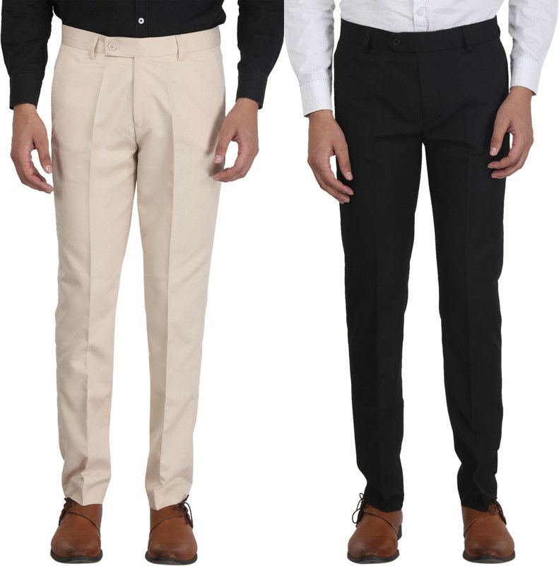 Men Slim Fit Black, Cream Pure Silk Trousers