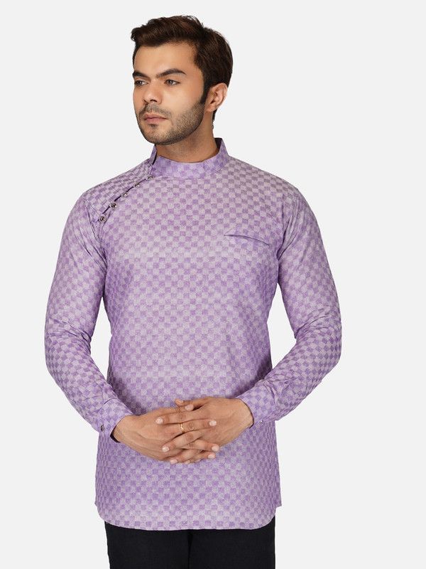 Men Printed Cotton Blend Straight Kurta  (Purple)