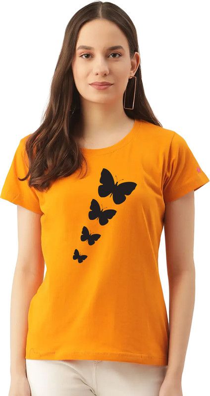 love1234 Women Graphic Print Round Neck Pure Cotton Yellow T-Shirt