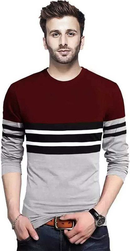 Men Striped Round Neck Cotton Blend Maroon T-Shirt