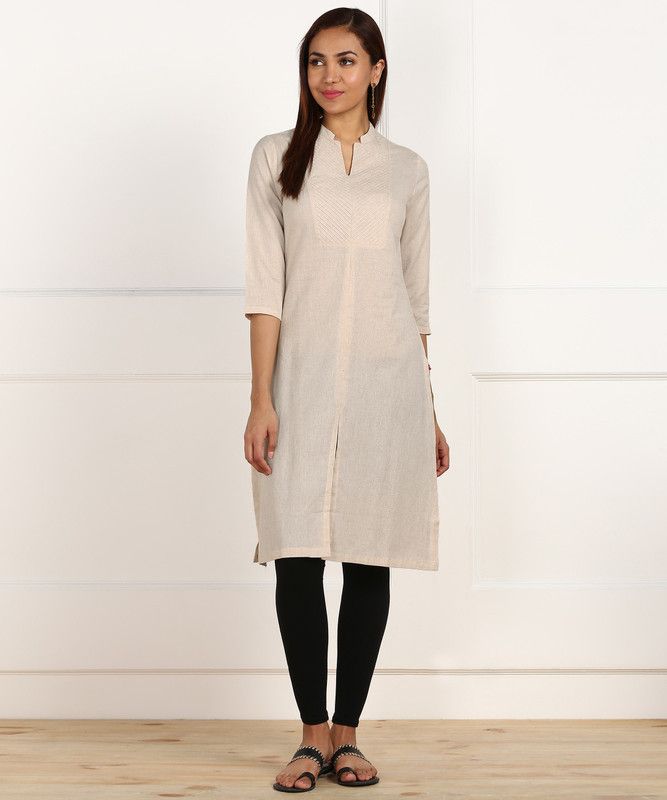 Women Self Design Cotton Linen Straight Kurta  (Beige)