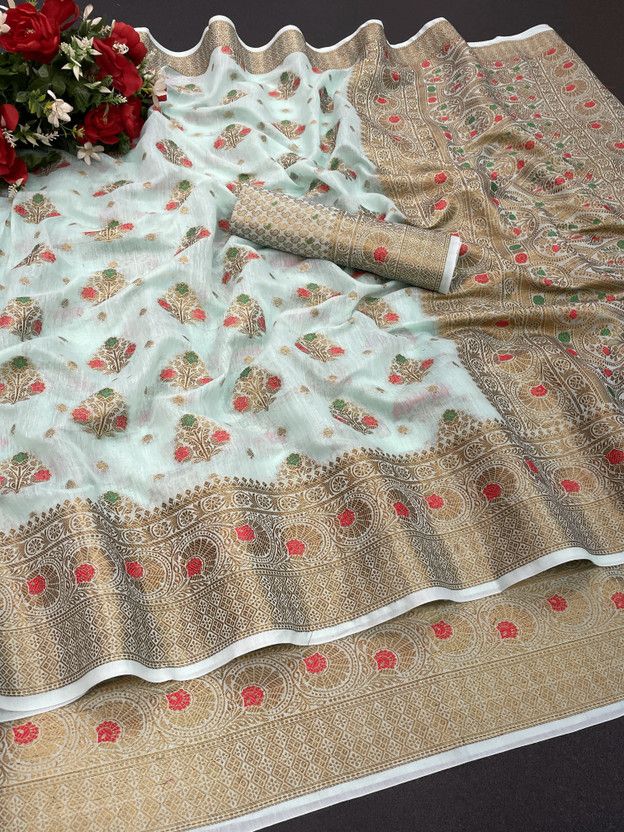 Woven Chanderi Jacquard, Cotton Silk Saree  (Multicolor, Gold)