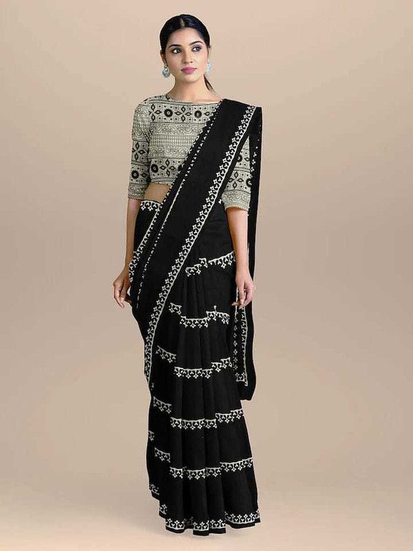 Blocked Printed, Color Block, Digital Print, Dyed, Geometric Print, Printed Daily Wear Pure Cotton Saree  (Black)