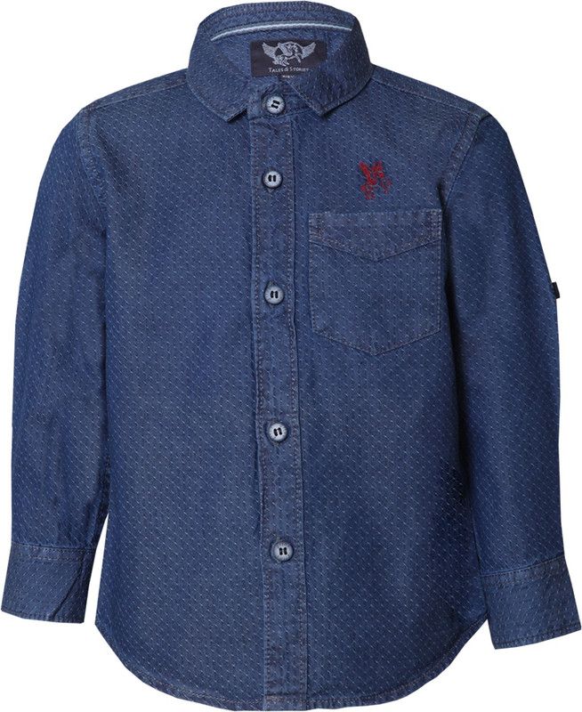 Tales & Stories Boys Textured Denim Shirt Boys Slim Fit Printed Spread Collar Casual Shirt
