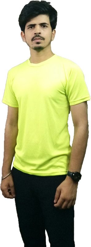 CASUAL YELLOW GYM T SHIRT FOR MAN Men Solid Round Neck Reversible Cotton Blend Light Green T-Shirt