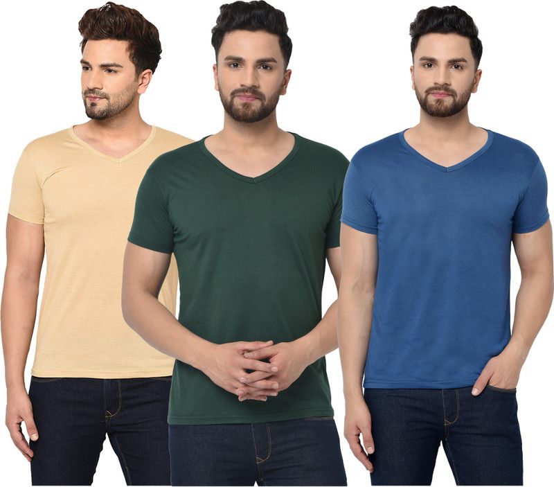 Pack of 3 Men Solid V Neck Cotton Blend Dark Blue, Dark Green, Beige T-Shirt
