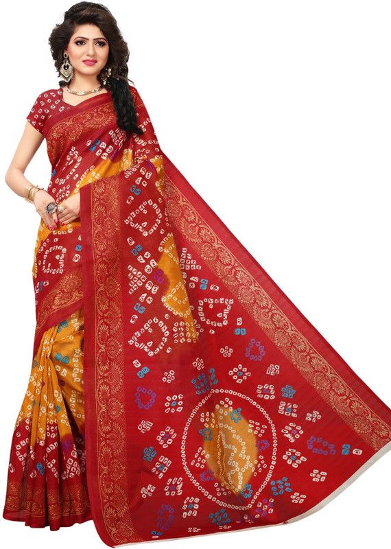 Printed Bandhani Cotton Blend, Art Silk Saree  (Red)