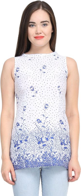 Casual Sleeveless Floral Print Women White, Blue Top