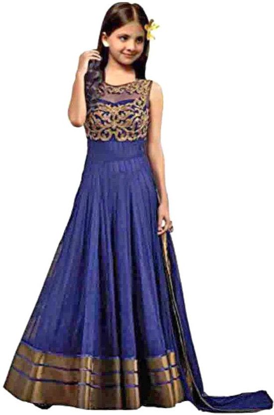Girls Maxi/Full Length Casual Dress  (Blue, Full Sleeve)