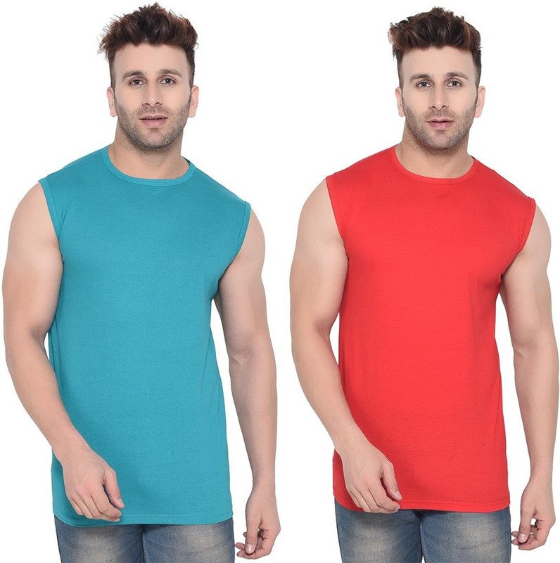 Pack of 2 Men Solid Round Neck Cotton Blend Red, Light Green T-Shirt