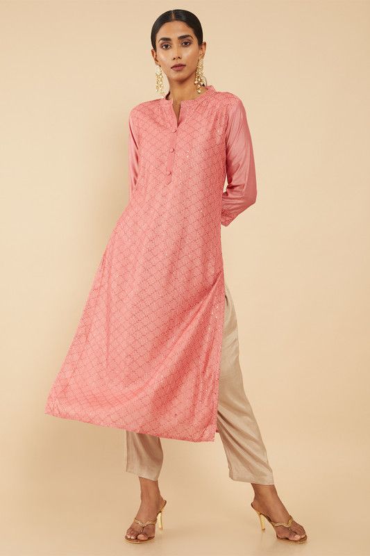 Women Embroidered Chanderi Straight Kurta  (Orange)