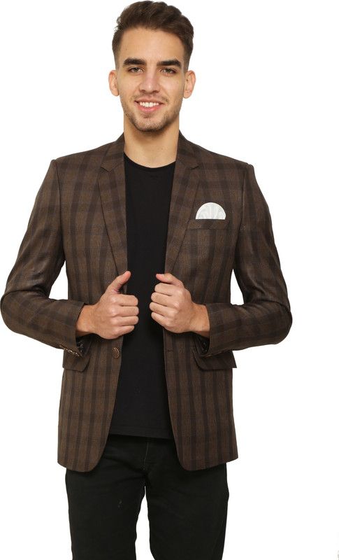 Men Checkered Single Breasted Casual Blazer  (Brown)