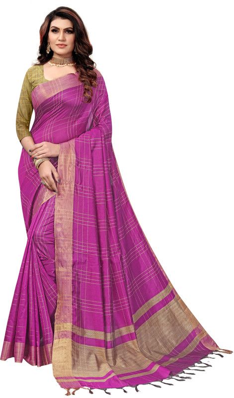 Striped Handloom Cotton Blend, Cotton Silk Saree  (Purple)