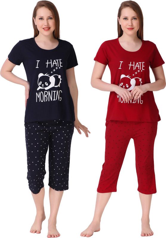 Women Top & Capri Set Maroon Printed