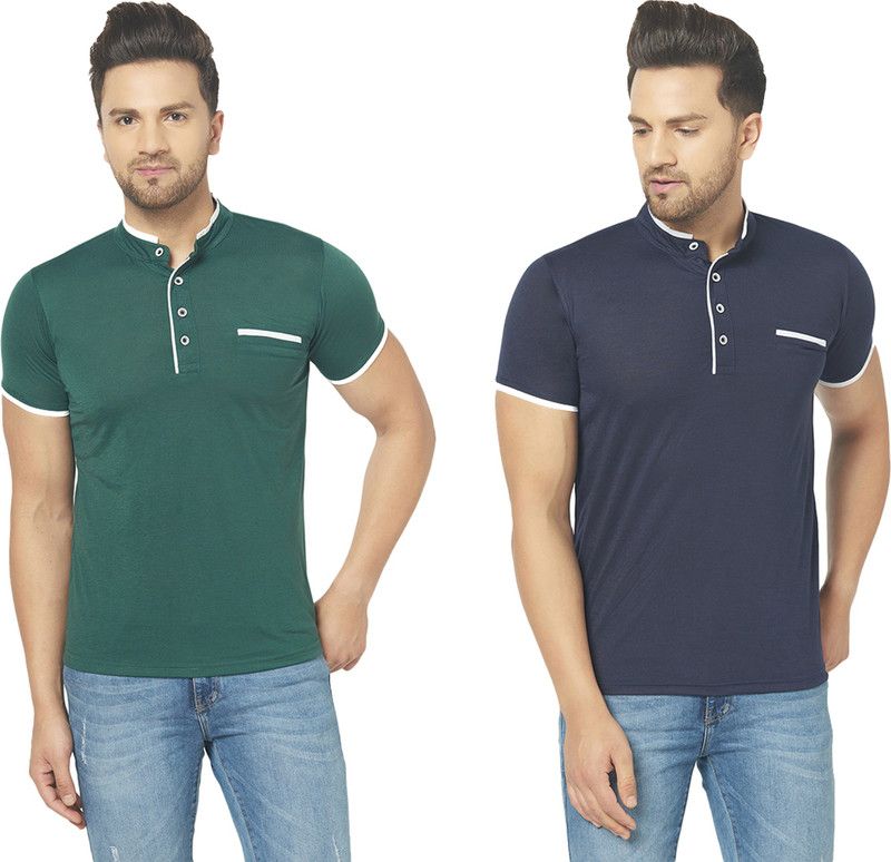Pack of 2 Men Solid Mandarin Collar Cotton Blend Green, Blue T-Shirt