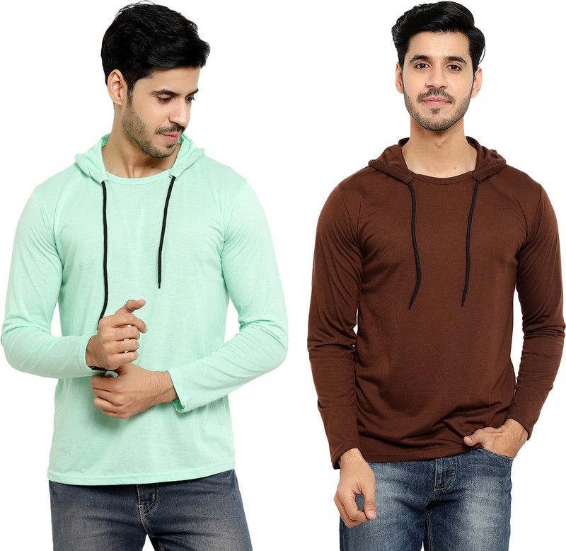 Pack of 2 Men Solid Hooded Neck Cotton Blend Green, Brown T-Shirt