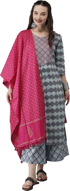 Women Printed Georgette Straight Kurta  (Pink, Grey)