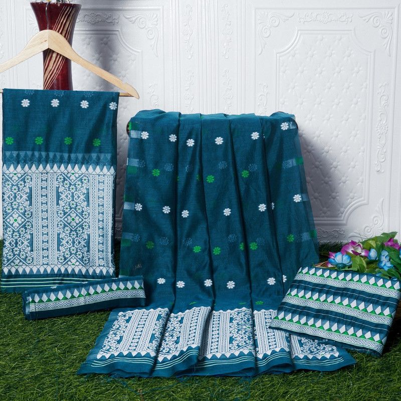 Self Design Mekhela Chador Chanderi, Cotton Silk Saree  (Dark Blue, White)