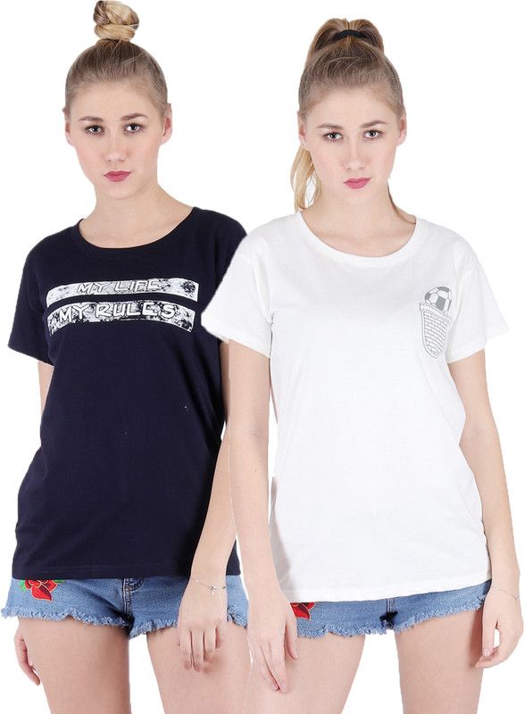 Pack of 2 Women Cotton Navy, Cream T-Shirt ( Pack Of-2 Combo ) Women Printed Round Neck Cotton Blend Dark Blue, White T-Shirt