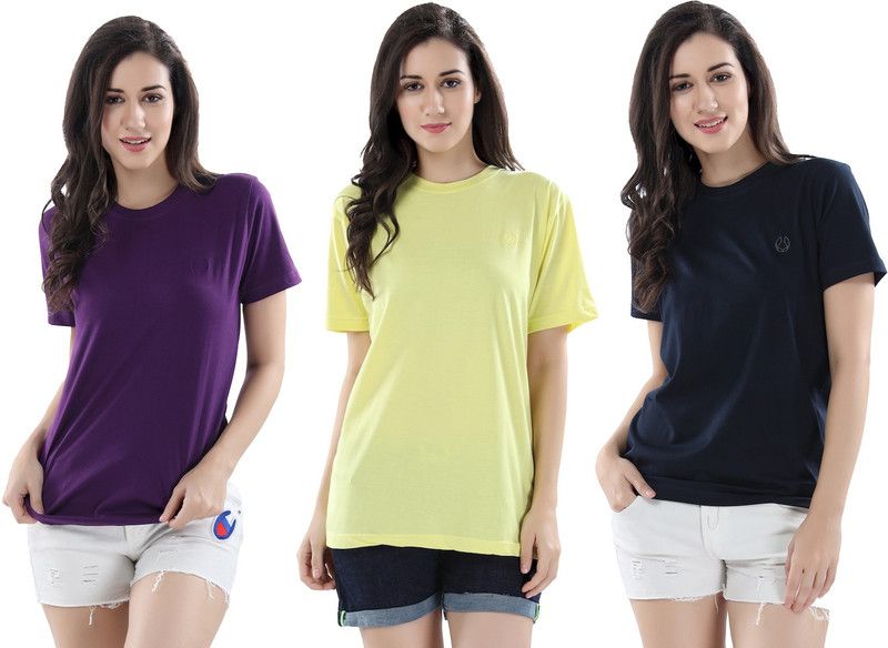 Pack of 3 Women Solid Round Neck Pure Cotton Purple, Dark Blue, Yellow T-Shirt