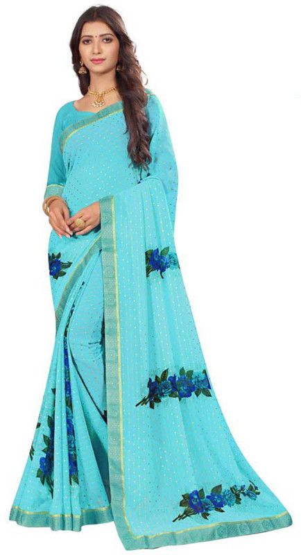 Printed, Floral Print Bollywood Georgette Saree  (Light Blue)